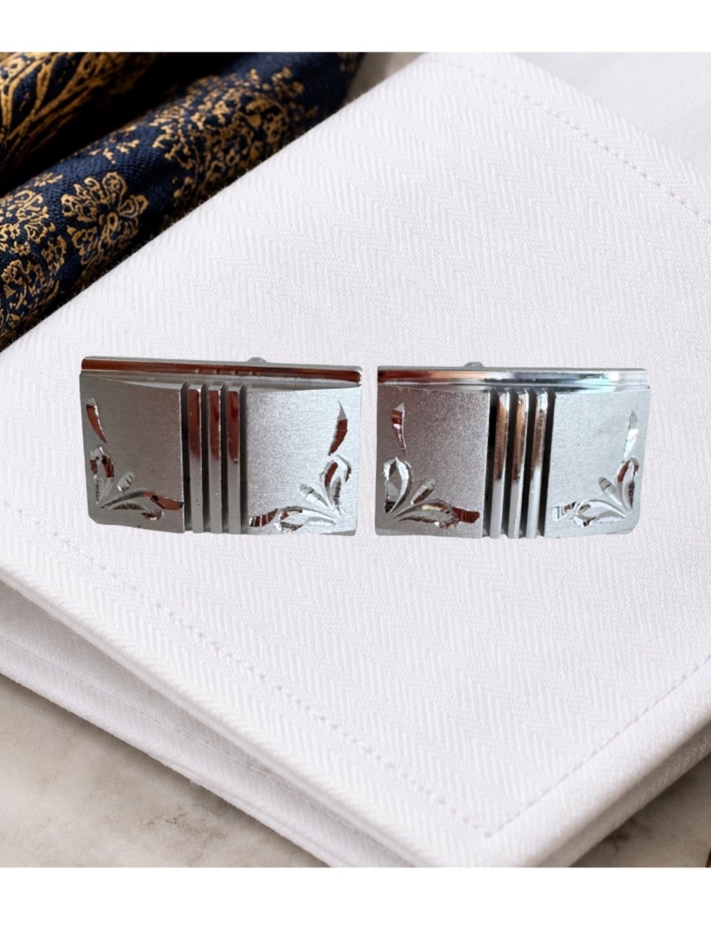 Vintage Silver Tone Cufflinks Floral Engraved Rectangular Men Wedding Groom Suit